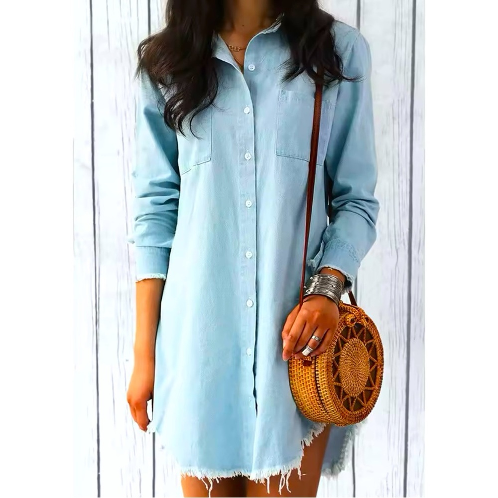 Sexy Women Loose Button Pocket Long Sleeve Blouse RAW HEM Dress Mini Shirt Dress